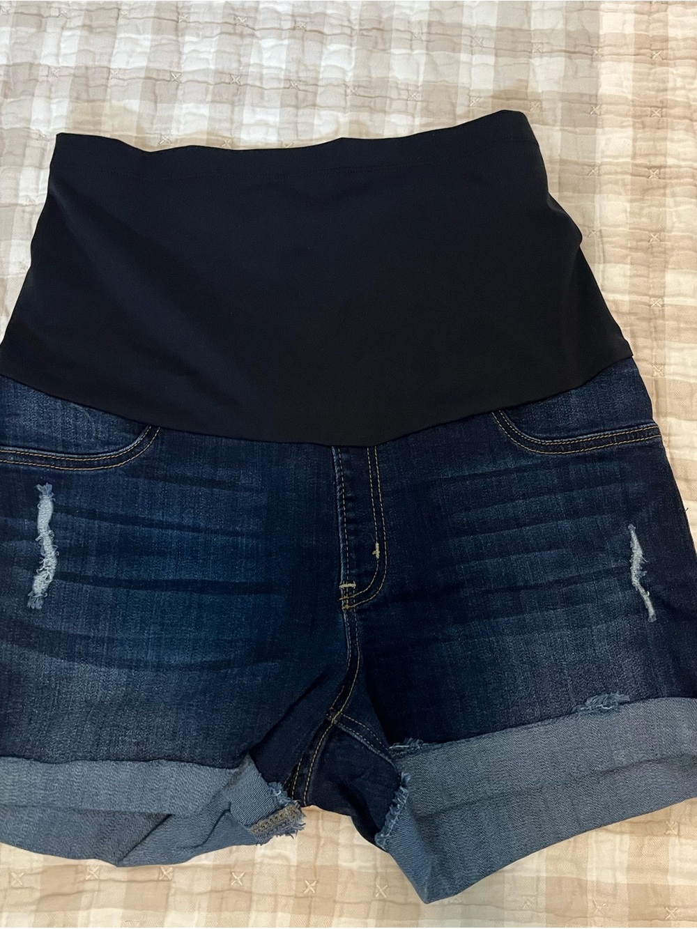 Just Black High-Waist Maternity Denim Shorts in Dark Blue with Black Waistband